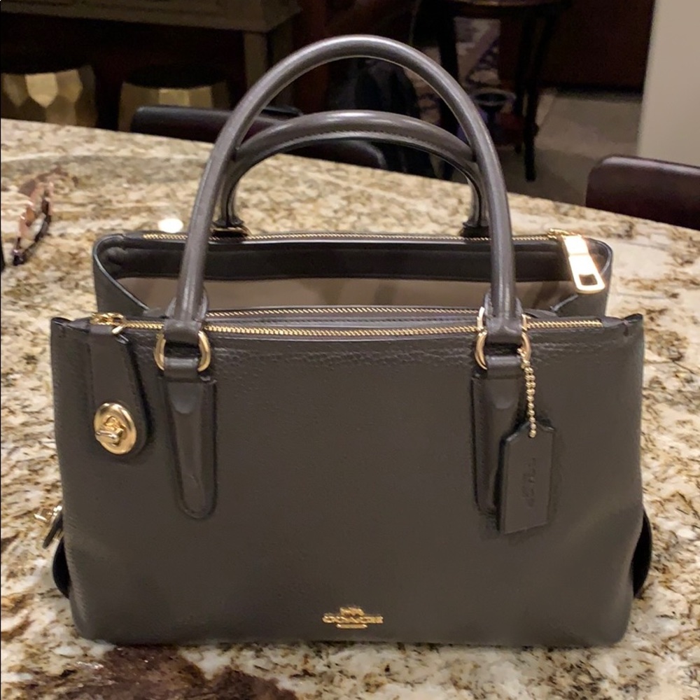 Coach Satchel in Pebble (Taupe) Leather.